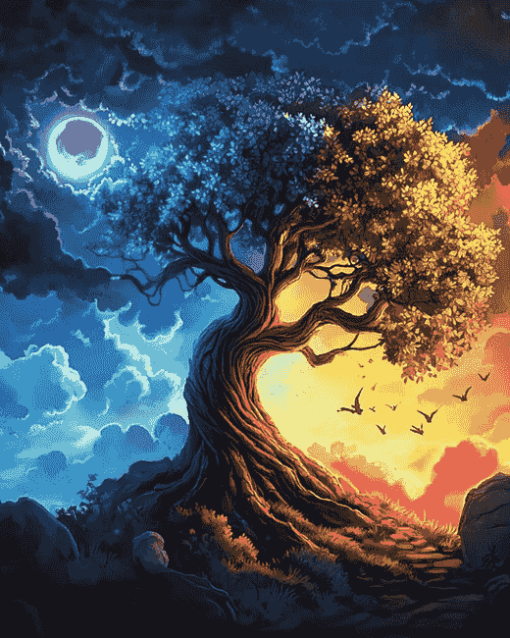 Aesthetic Fantasy Tree Night and Day Diamond Painting