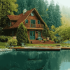 Aesthetic Lakeside Cabin Scene Diamond Painting