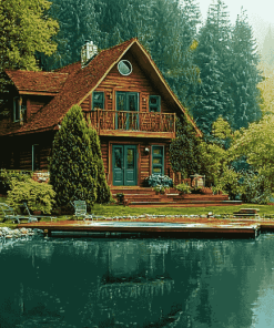 Aesthetic Lakeside Cabin Scene Diamond Painting