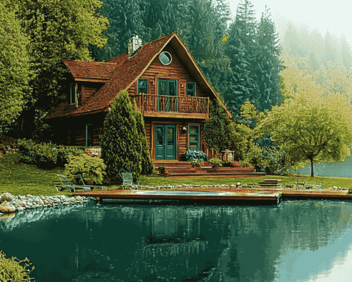 Aesthetic Lakeside Cabin Scene Diamond Painting