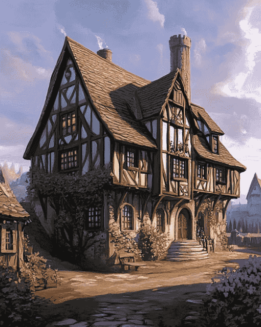 Aesthetic Medieval Inn Building Diamond Painting