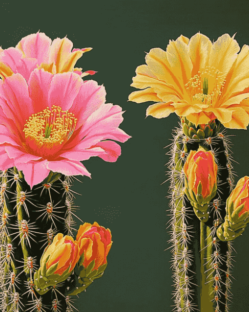 Aesthetic Pink and Yellow Cactus Blooms Diamond Painting