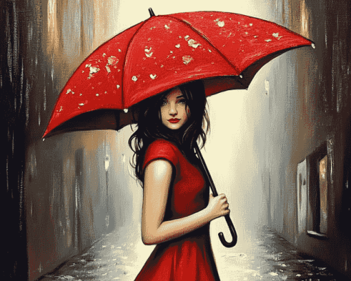 Aesthetic Red Umbrella Girl Diamond Painting