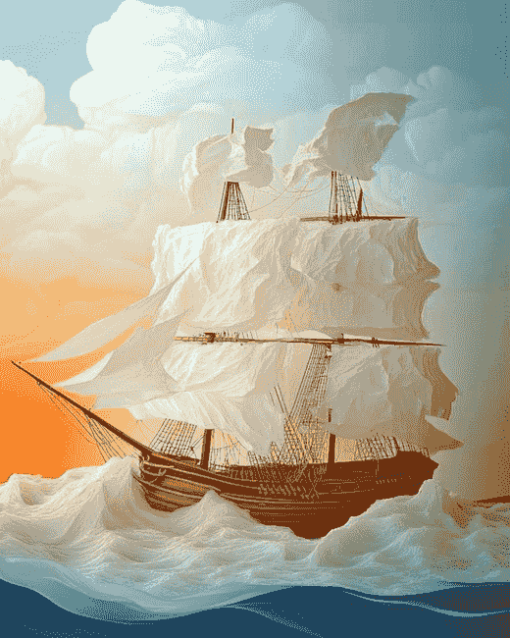 Aesthetic Sail Ship on Ocean Waves Diamond Painting