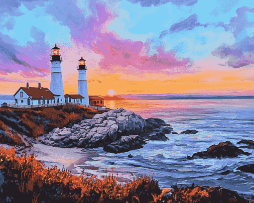 Aesthetic Sunset at Portland Lighthouse Diamond Painting