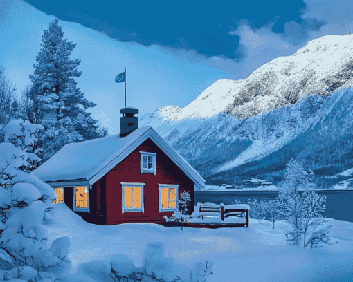 Aesthetic Winter Cabin Norway Diamond Painting