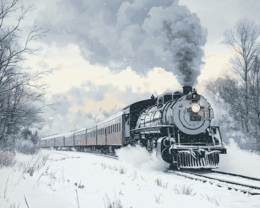 Aesthetic Winter Steam Train Diamond Painting