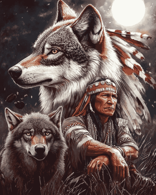 Aesthetic Wolf and Indian Chief Diamond Painting