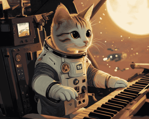 Astronaut Cats and Piano Diamond Painting