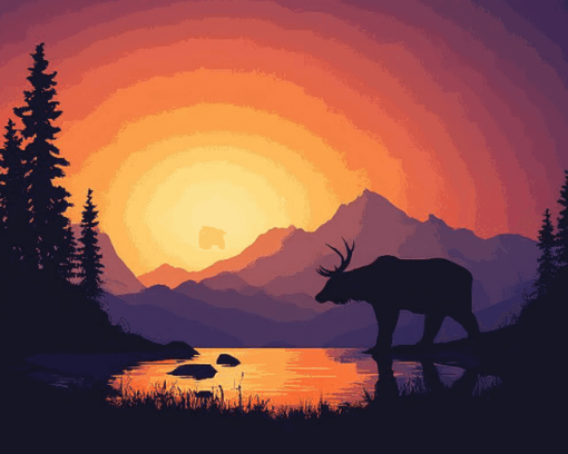 Bear and Elk Sunset Silhouette Diamond Painting