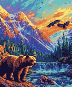 Bears and Eagles in Colorful Mountains Diamond Painting