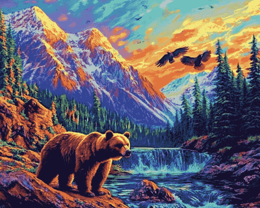 Bears and Eagles in Colorful Mountains Diamond Painting