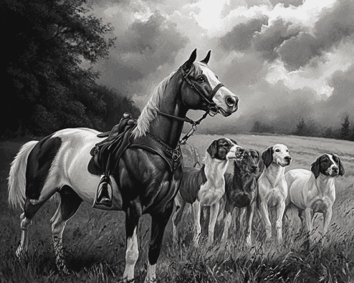 Black And White Horse And Hound Diamond Painting