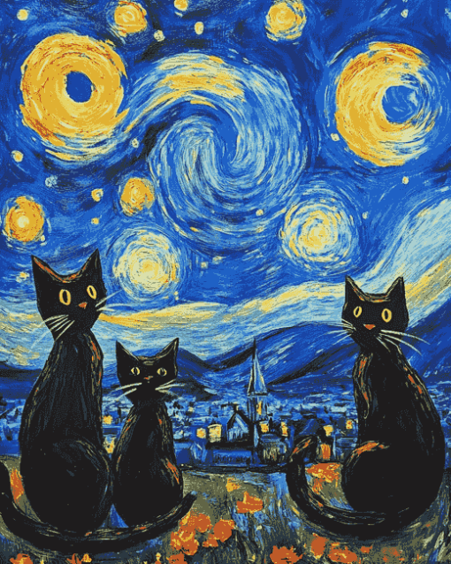 Black Cats Under Starry Nights Diamond Painting