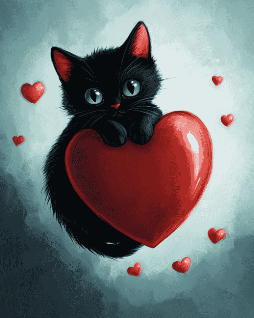 Black Kitty Heart Diamond Painting