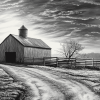 Black and White Barn Landscape Diamond Painting