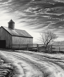 Black and White Barn Landscape Diamond Painting