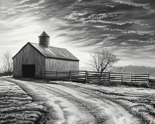 Black and White Barn Landscape Diamond Painting