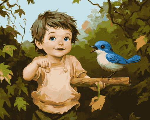 Blue Boy and Bird Kids Diamond Painting