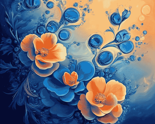 Blue and Orange Floral Diamond Painting