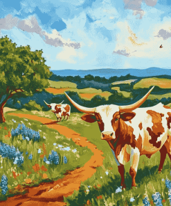 Bluebonnets Longhorn Cattle Diamond Painting