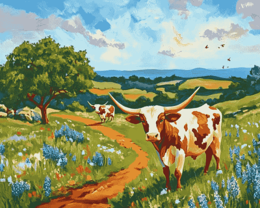 Bluebonnets Longhorn Cattle Diamond Painting