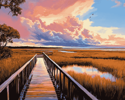 Boardwalk Through Scenic Marshlands Diamond Painting