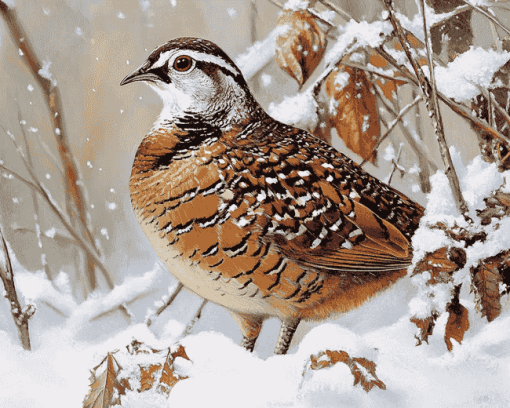 Bobwhite Quail in Snowy Landscape Diamond Painting