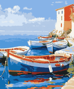 Bright Mediterranean Seascape Boats Diamond Painting