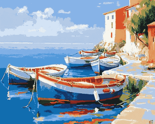 Bright Mediterranean Seascape Boats Diamond Painting