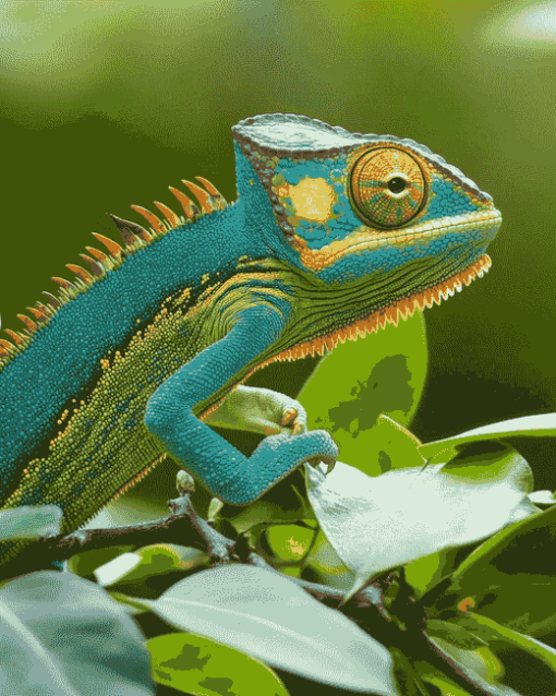 Cameleon on Green Branch Diamond Painting