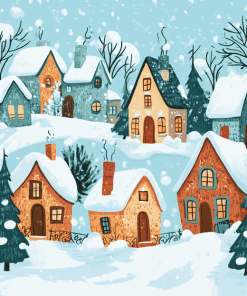 Cartoon Houses in Winter Diamond Painting