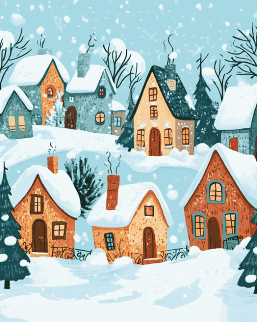 Cartoon Houses in Winter Diamond Painting