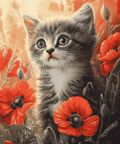 Cat and Poppies Diamond Painting