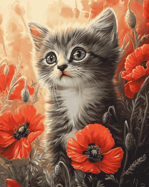 Cat and Poppies Diamond Painting