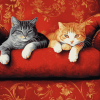 Cats Relaxing on Red Sofa Diamond Painting