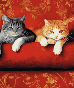 Cats Relaxing on Red Sofa Diamond Painting