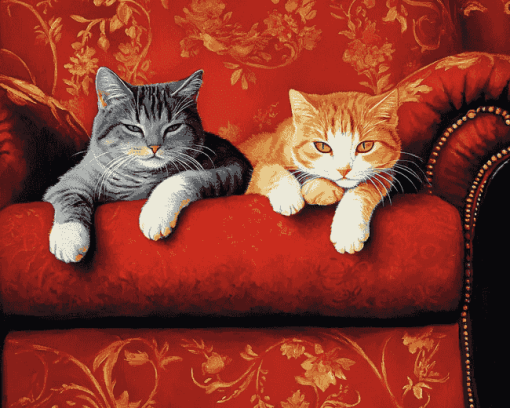 Cats Relaxing on Red Sofa Diamond Painting