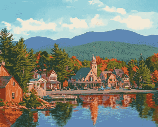 Charming Lake Placid Buildings Diamond Painting