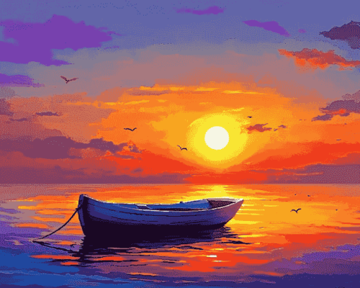 Colorful Sunset Boat Seascape Diamond Painting