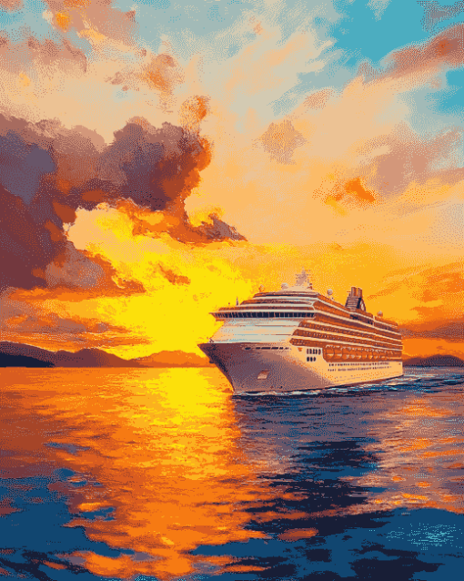 Cruise Ship Sunset Seascape Diamond Painting