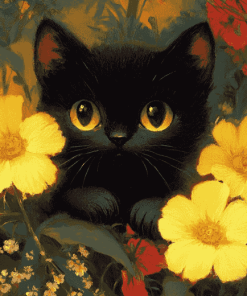 Cute Black Kitties with Flowers Diamond Painting