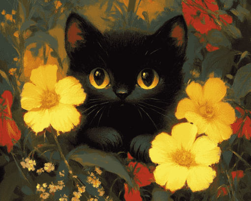 Cute Black Kitties with Flowers Diamond Painting