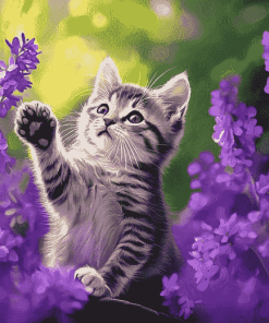 Cute Kitten with Purple Blooms Diamond Painting