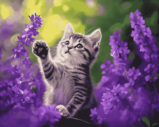 Cute Kitten with Purple Blooms Diamond Painting