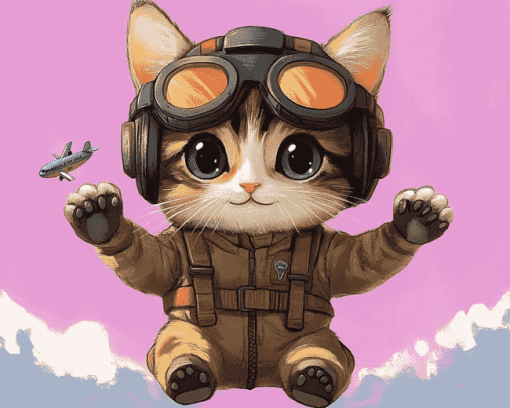 Cute Pilot Kitty Diamond Painting