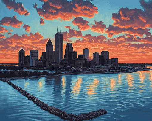 Detroit Skyline at Sunset Diamond Painting