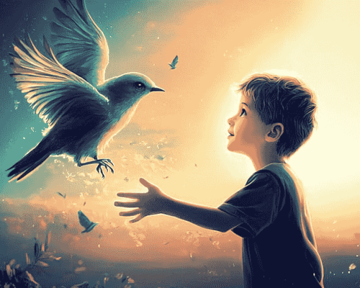 Fantasy Boy and Bird Scene Diamond Painting