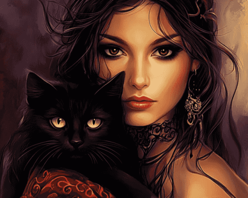 Fantasy Woman with Black Cat Diamond Painting