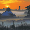 Farm Misty Sunrise Scenery Diamond Painting